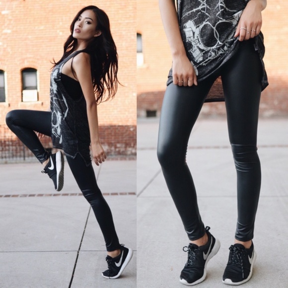 High waist fold over leather Leggings Black Matte - Picture 7 of 7